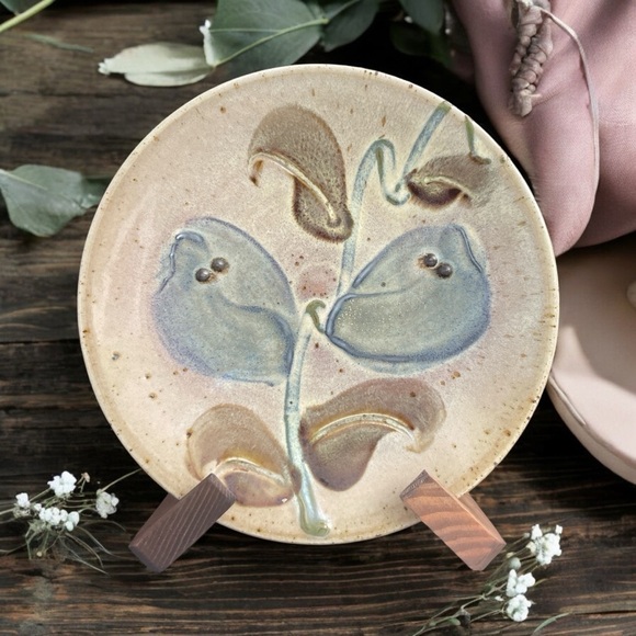 Other - Signed Art Pottery floral Branch Round Dish/ Plate, Deco Plate Earthy Nature